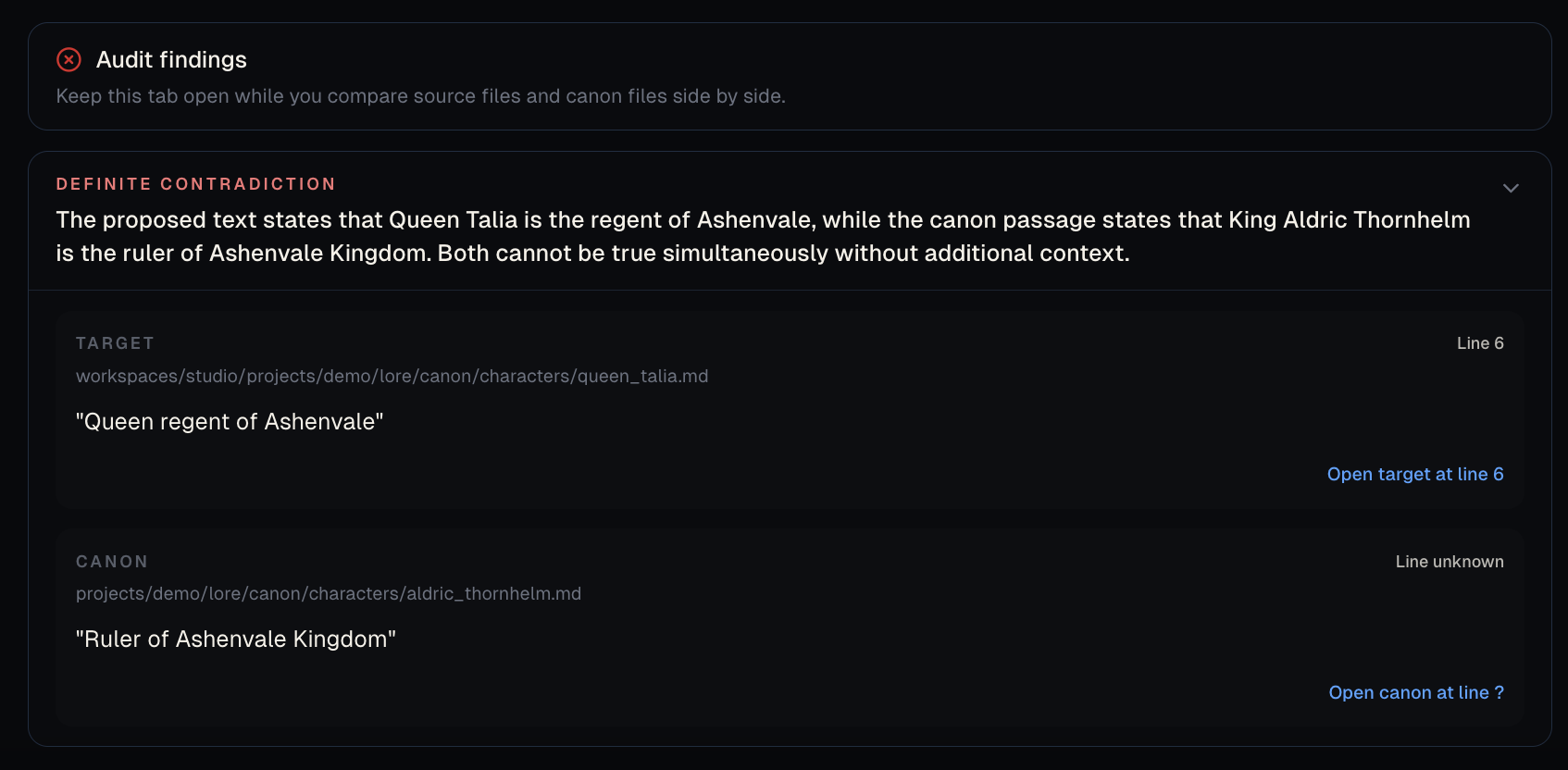 DragonKeep Studio audit result: a contradiction finding showing the proposed claim, the conflicting governed source with its file location and severity, and the decision awaiting the narrative owner
