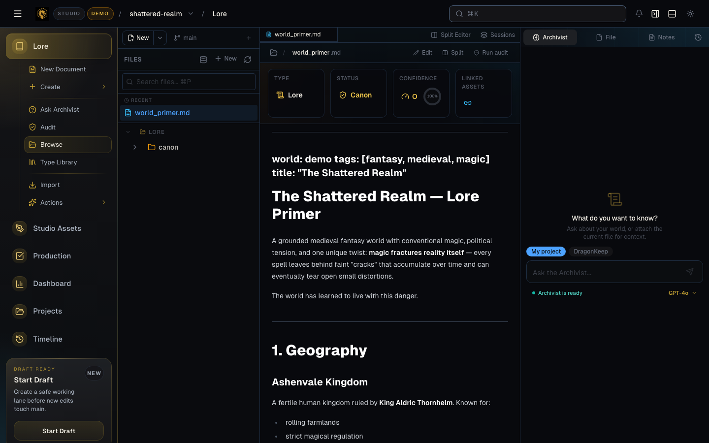 DragonKeep Studio lore workspace showing an open canon file with type, status, and confidence, the file tree, and the Archivist panel